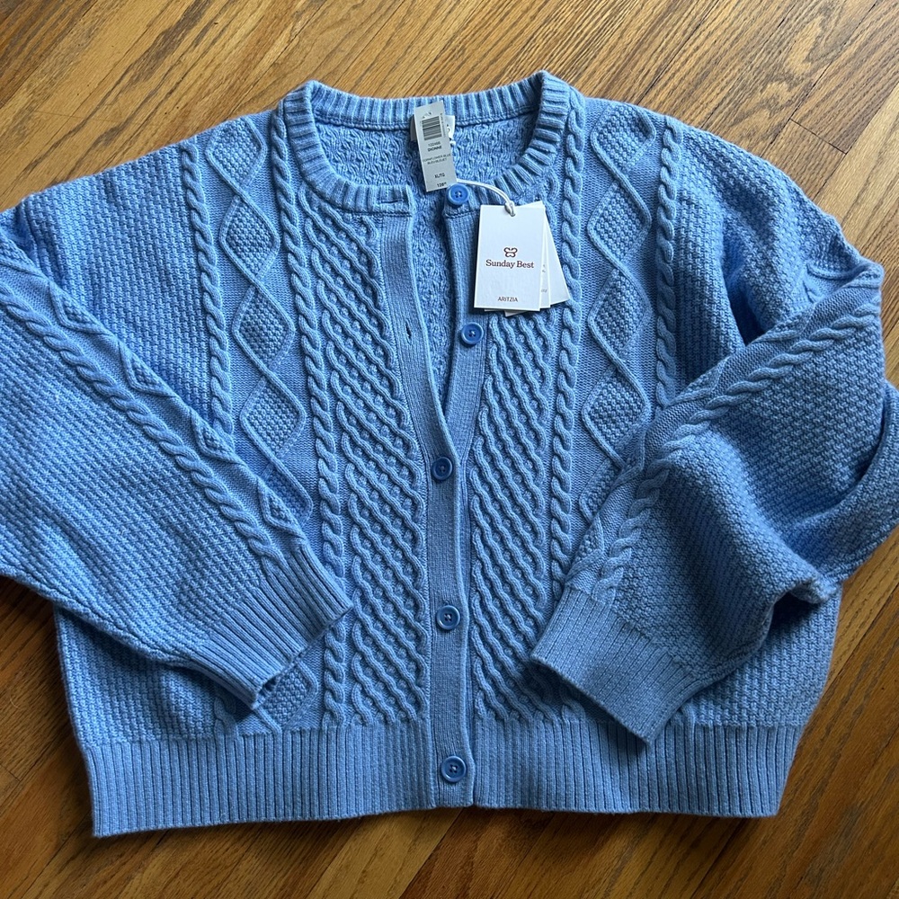Aritzia Sunday Best Cornflower Blue Cable Knit Cardigan NWT SZ XL